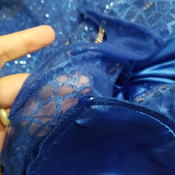 Sz XL Anny Lee Blue Glitter Plunge Illusion Gown with Gold and AB Crystal Trim - Picture 8 of 12